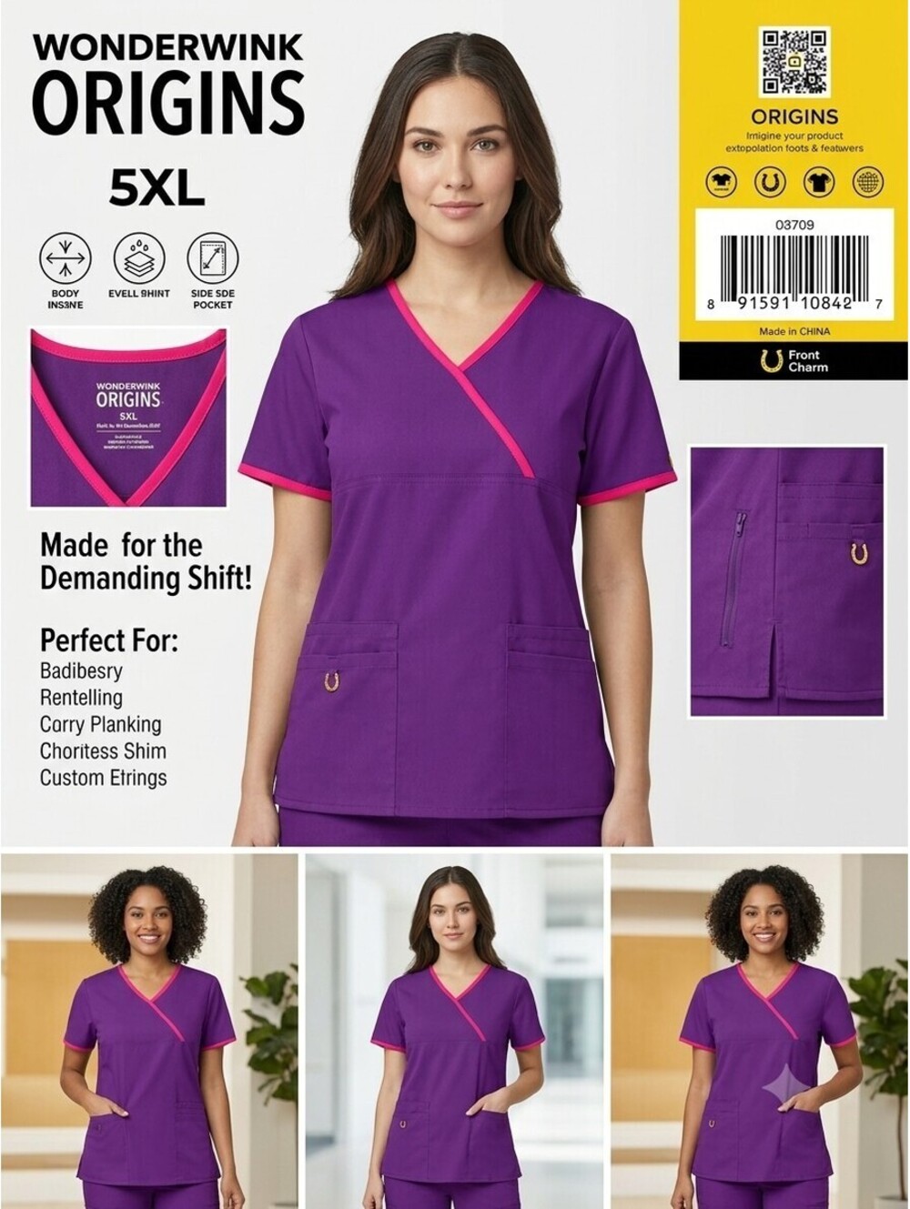 WonderWink Origins Scrub Top Womens 5XL Dark Purple With Pink Y-Neck Pockets